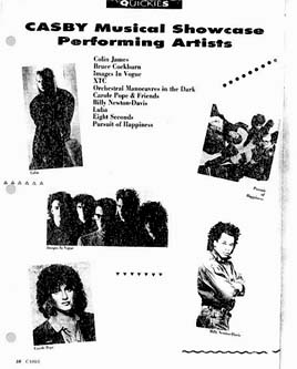 page from 1987 CASBY programme, taken from www.spititofradio.ca.  Photos (clockwise from upper left): Liba, Images In Vogue, Carole Pope, Billy Newton-Davis (from Cleveland!), The Pursuit of Happiness.